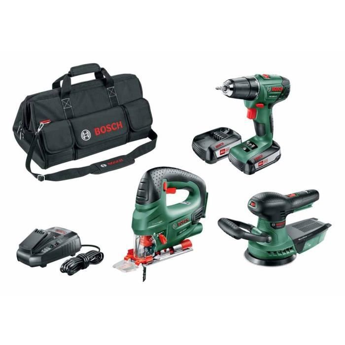 Pakket 3 tools 18V snoerloze BOSCH boor-schroevendraaier PSR 1800 LI-2 2 accu's 2,5Ah + Decoupeerzaag PST + Excenterschuurmachine