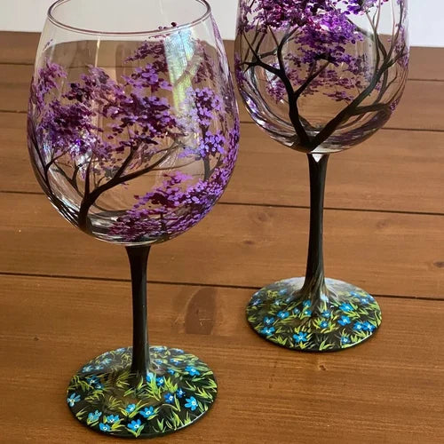 Four Seasons Tree Wine Glasses - Hand Painted Art 11