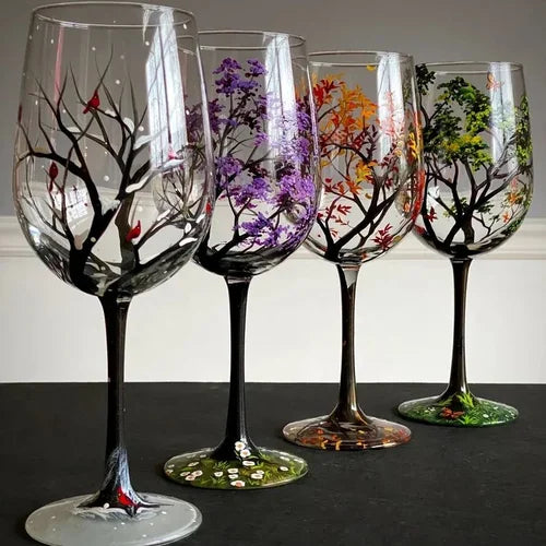 Four Seasons Tree Wine Glasses - Hand Painted Art 4