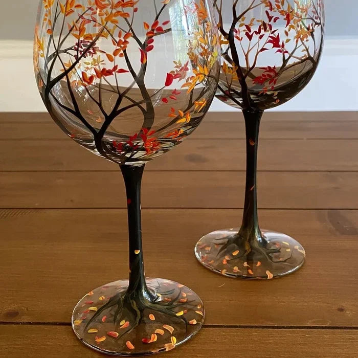 Four Seasons Tree Wine Glasses - Hand Painted Art 8