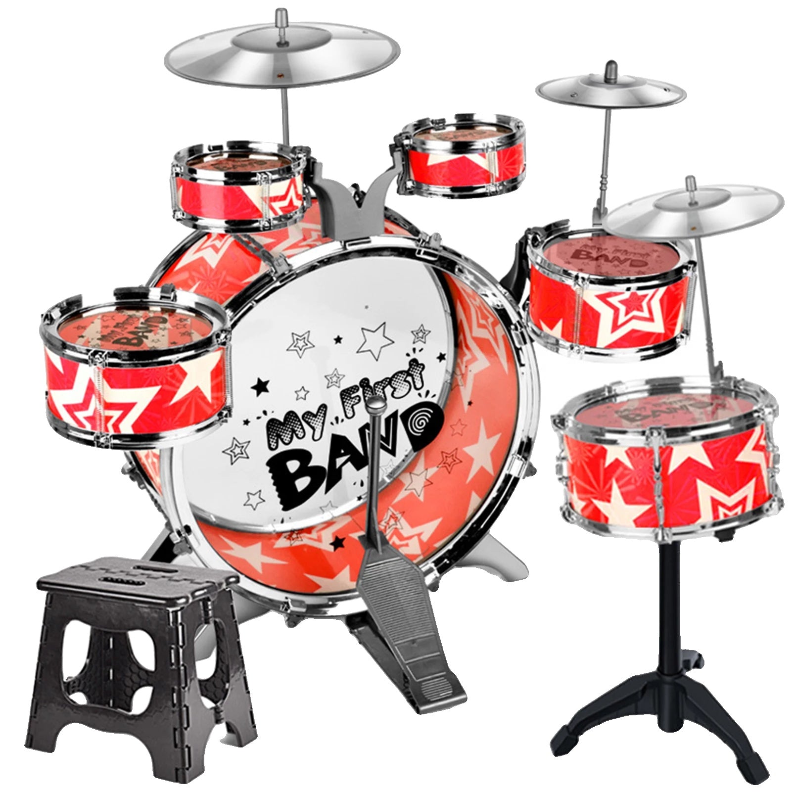 Kids Drum Set, 6-Piece, Folding Step Stool, Cymbal Pedal