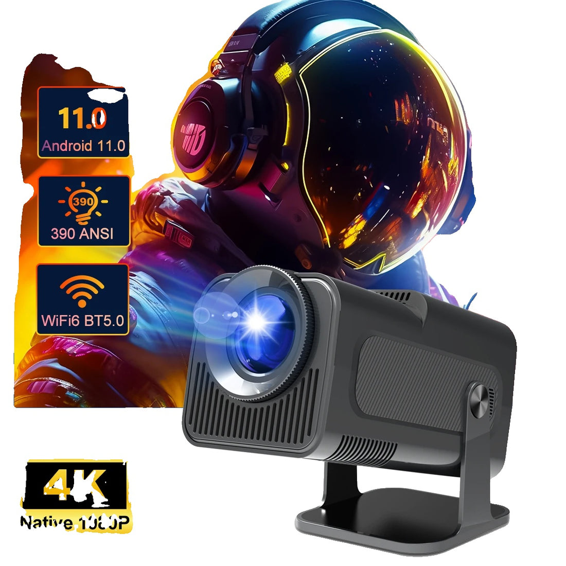 4K Android Projector, Native 1080P Resolution, Dual Wifi6 Connectivity