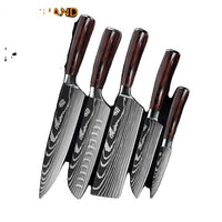 Keukenmes Set, Damascus Patroon, Japanse Santoku Mes