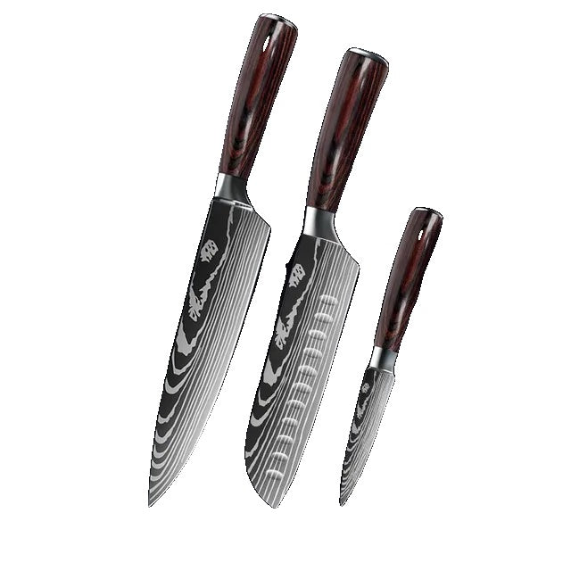 Keukenmes Set, Damascus Patroon, Japanse Santoku Mes