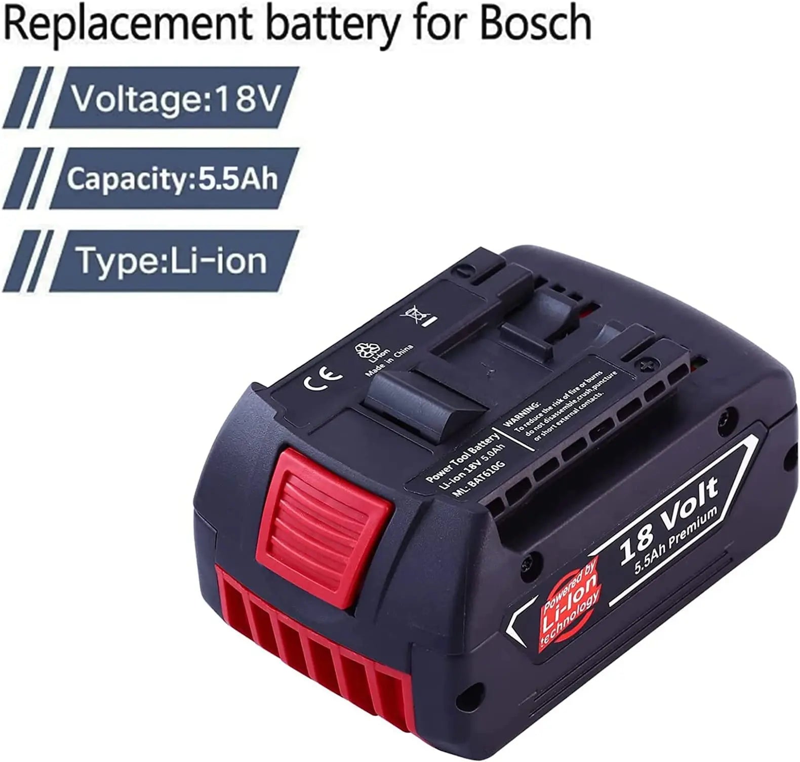 Replacement for Bosch 18V Battery, 5500mAh, Lithium-Ion