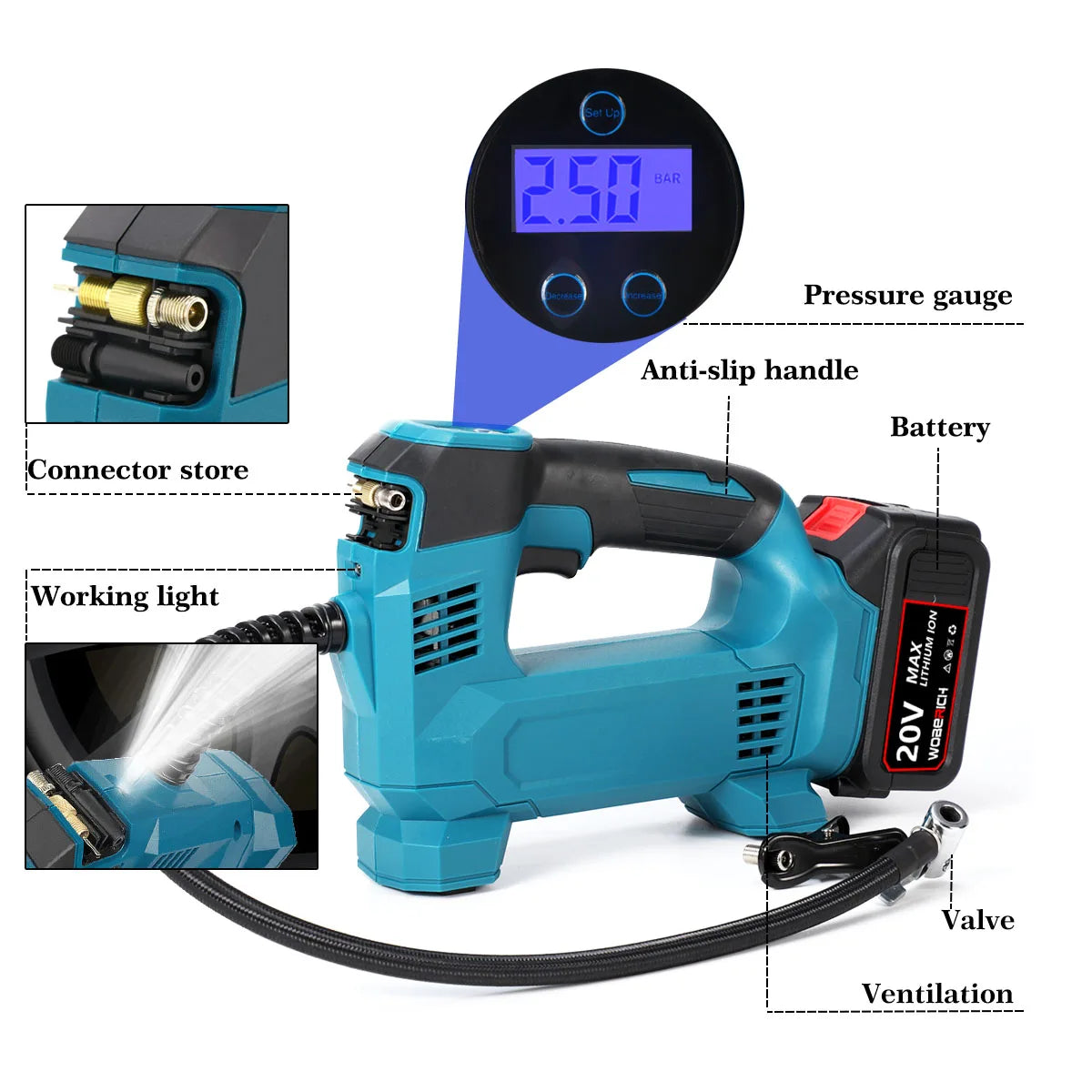 Cordless Air Pump, Digital Display, Rechargeable