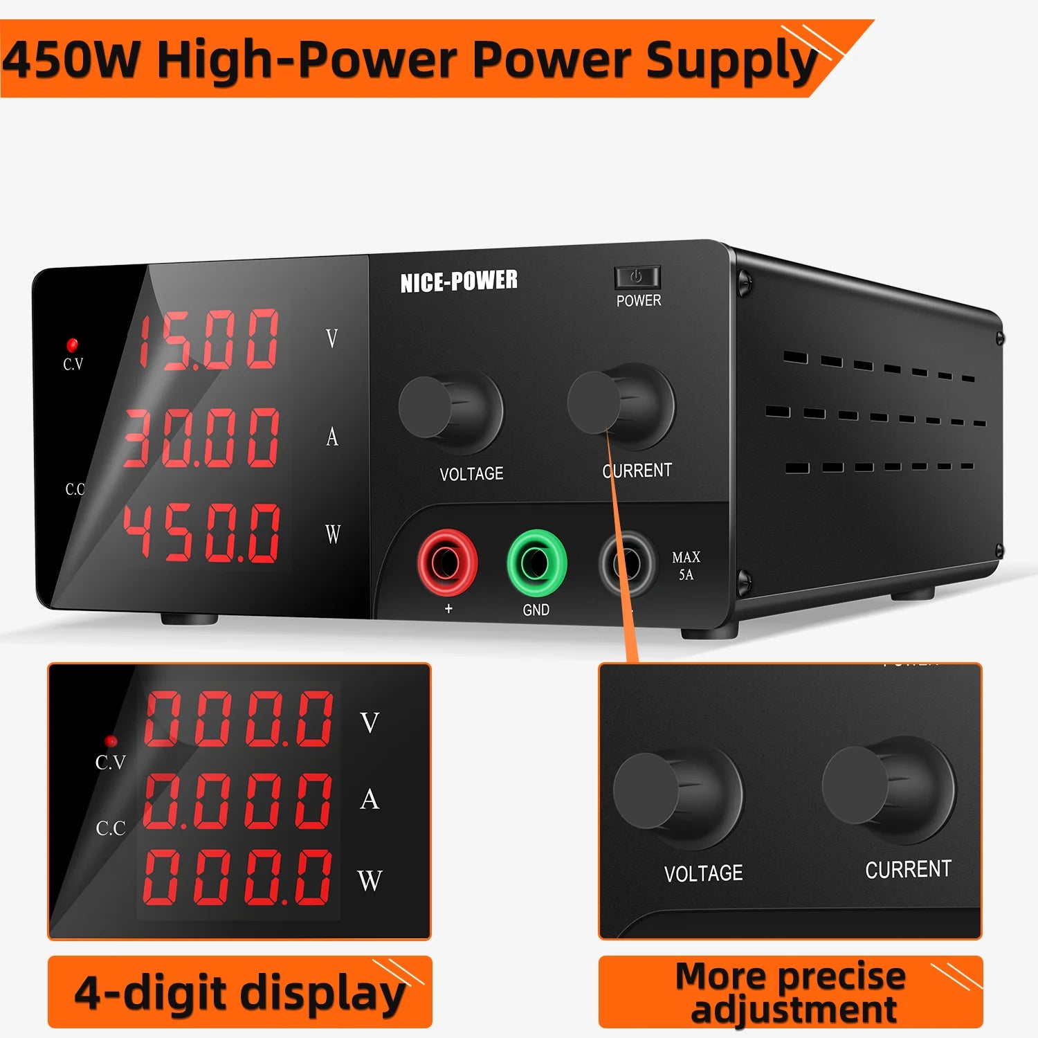 Lab Bench Power Supply, High-power Output, Adjustable Voltage and Current