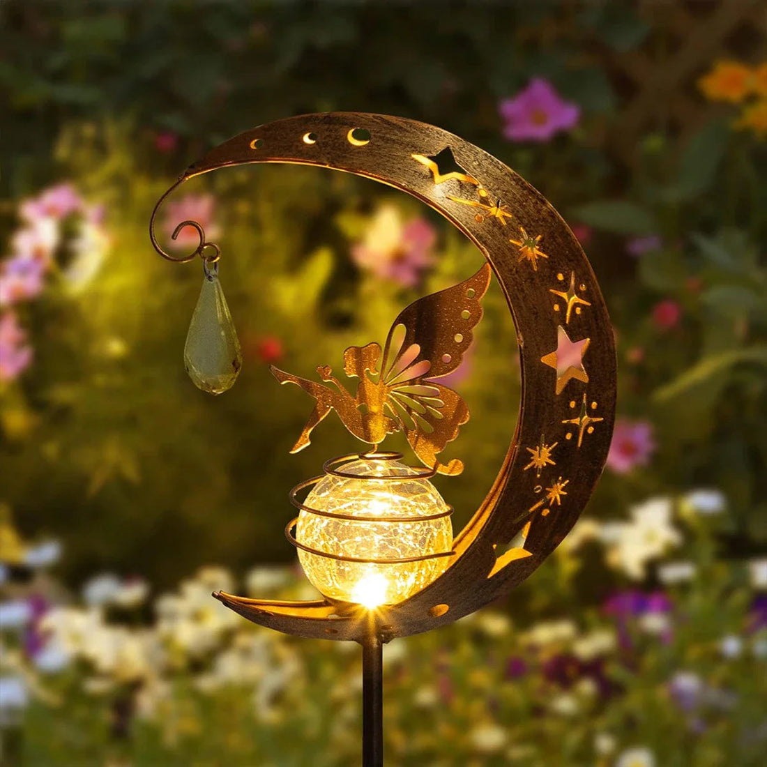 LumaGlow Solar-Gartenleuchte | Feenfigur im Mond | Rissglas-Kugel | Solarenergie | Wetterfest 0