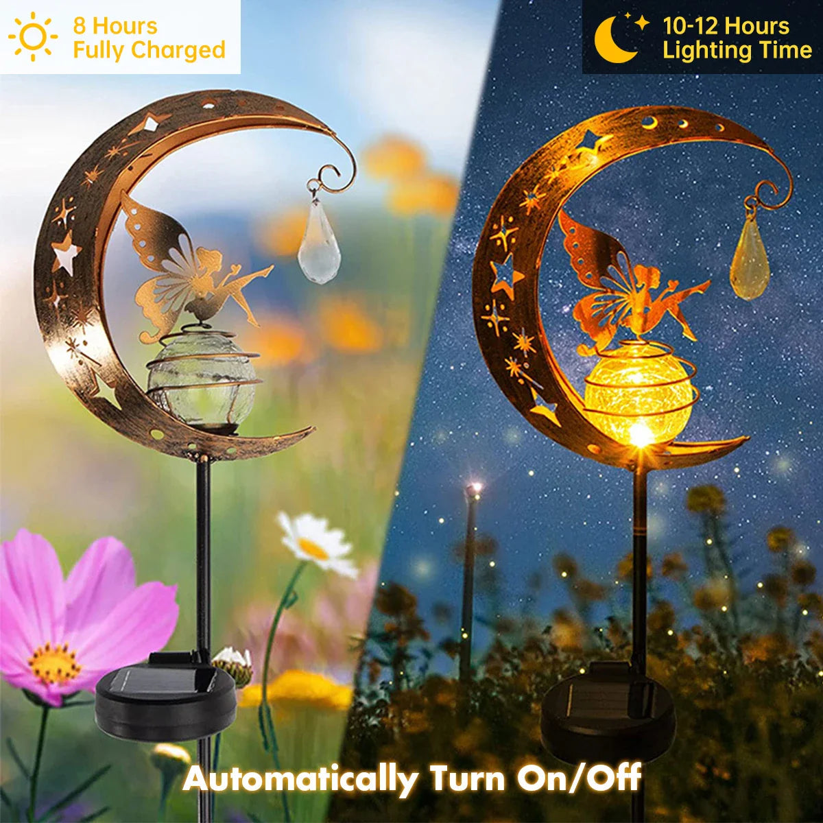 LumaGlow Solar-Gartenleuchte | Feenfigur im Mond | Rissglas-Kugel | Solarenergie | Wetterfest 1