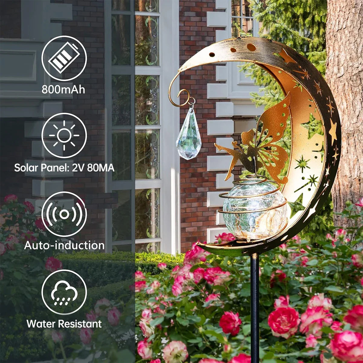 LumaGlow Solar-Gartenleuchte | Feenfigur im Mond | Rissglas-Kugel | Solarenergie | Wetterfest 2