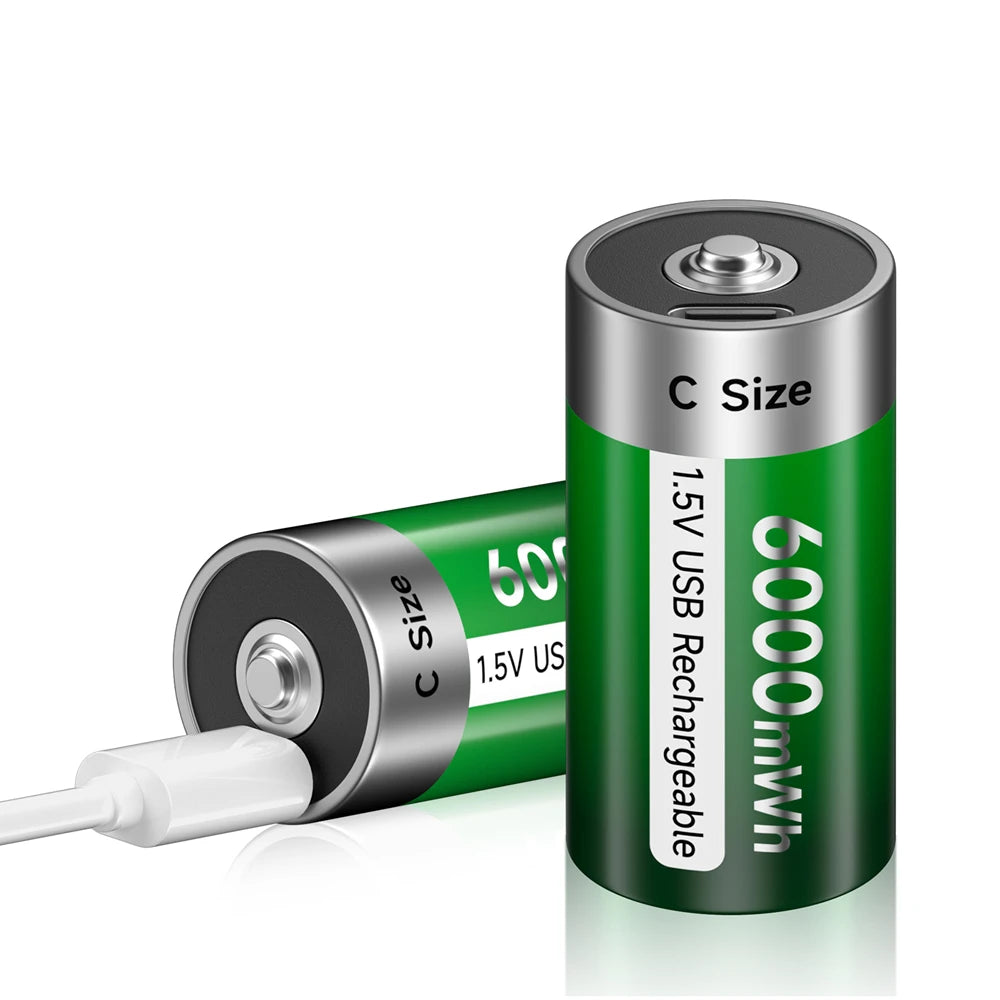 Oplaadbare C-formaat batterij, 6000mWh capaciteit, USB C opladen