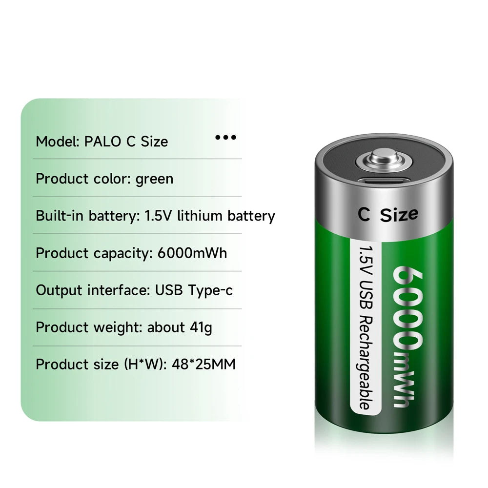 Oplaadbare C-formaat batterij, 6000mWh capaciteit, USB C opladen