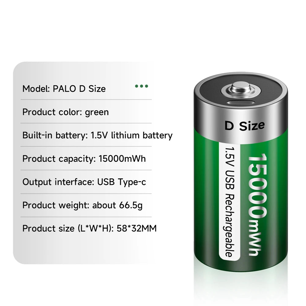 Oplaadbare D-formaat batterij, Type-C USB opladen, Li-ion