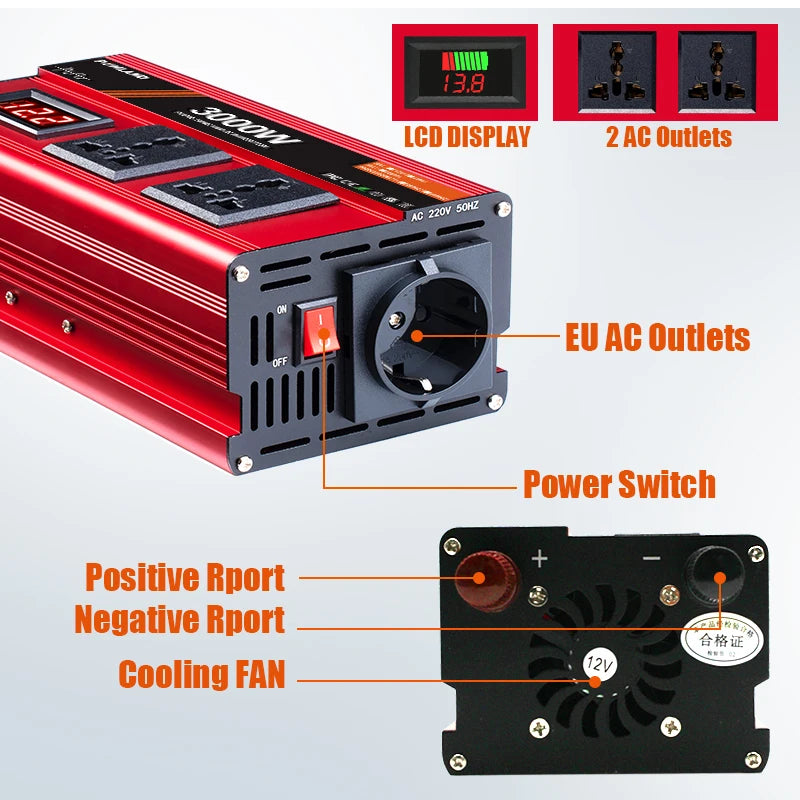 Pure Sine Wave Inverter, 3000W Power Output, Portable and Solar-Compatible