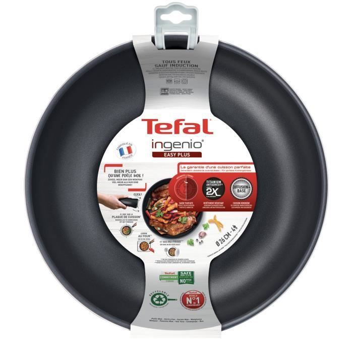 Tefal L1507702 Ingenio Easy Plus Wok 26 cm, Handle not included, non -stick, made in France, all lights except induction