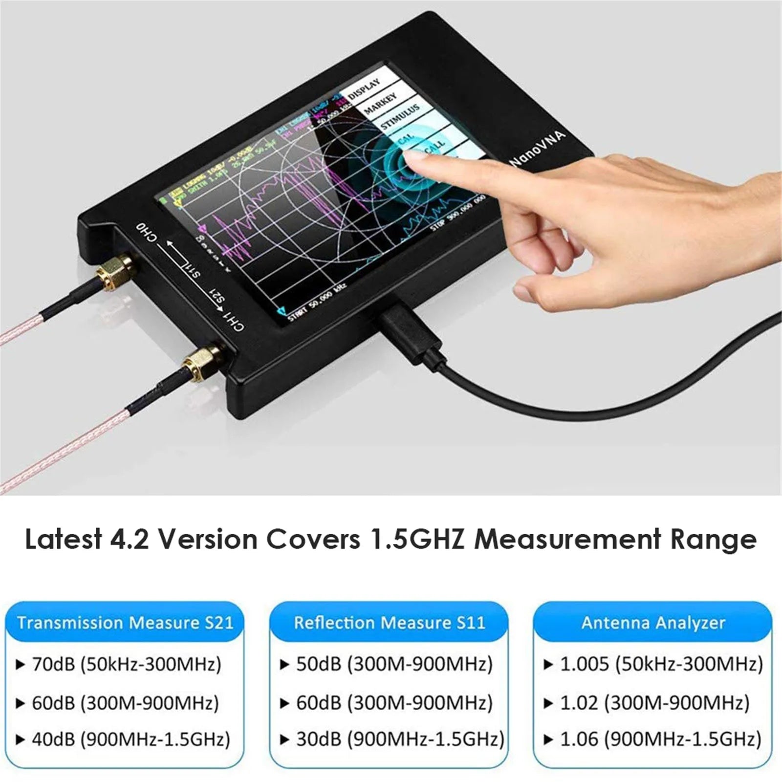 Vector Netwerkanalyser, 4-inch LCD Touchscreen, Meetbereik 10KHz-15GHz