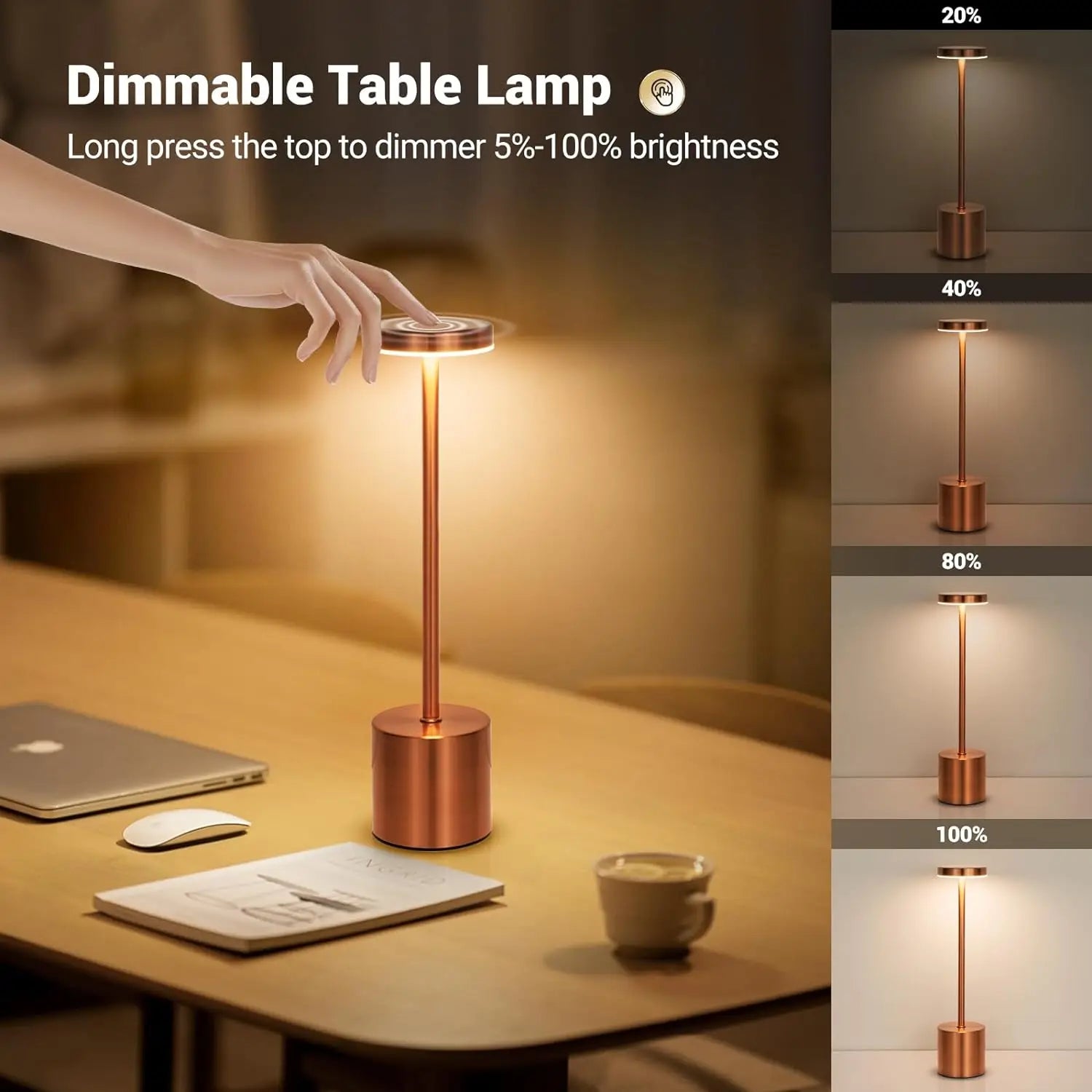 Valoria Touch Tischlampe | Kabellos & Dimmbar | Warmweiß LED | Aluminiumgehäuse 3