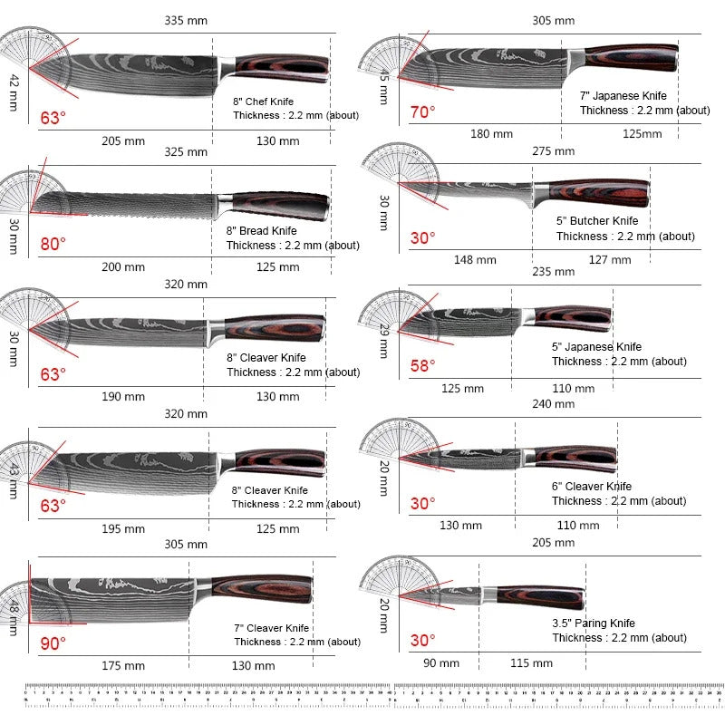 Keukenmes Set, Damascus Patroon, Japanse Santoku Mes