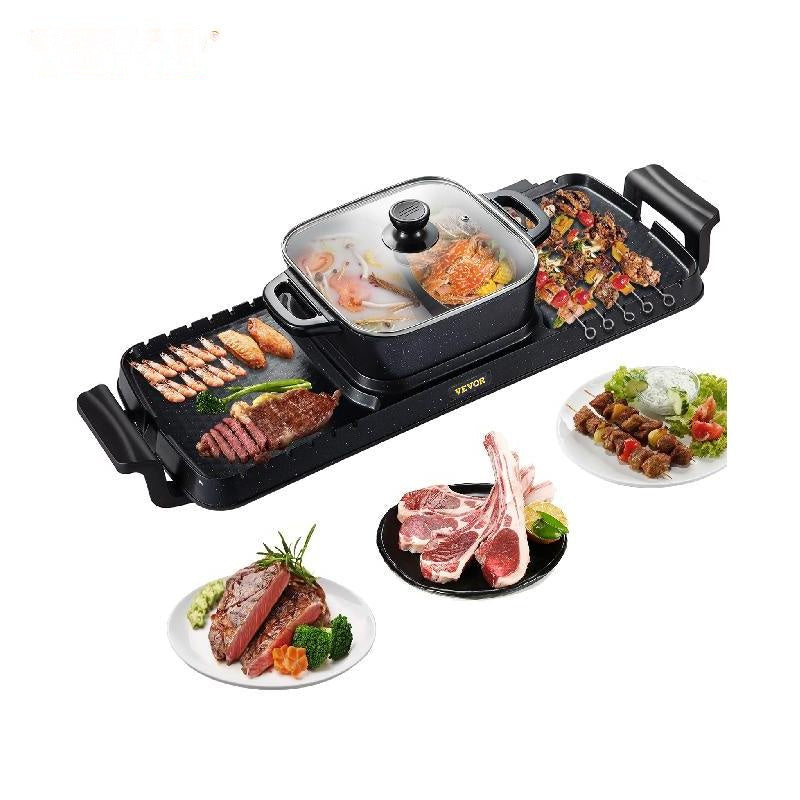 Elektrische BBQ Pan Grill Hot Pot, 2400W Dubbele Temperatuurregeling, Antiaanbakontwerp voor 1-8 Personen