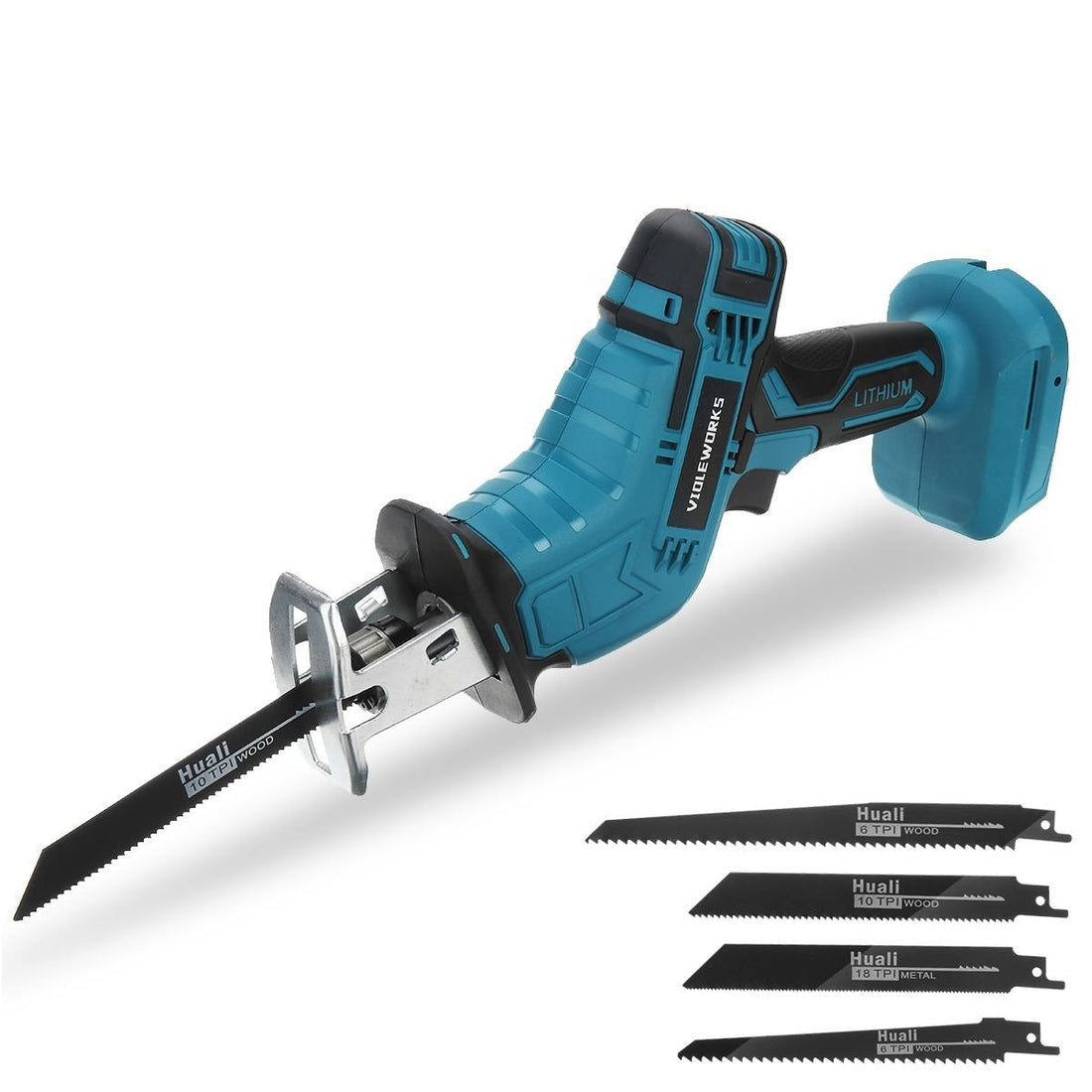 Snoerloze Reciprozaag met 4 Zaagbladen - Accu Niet Inbegrepen - Aangepast aan 18V Makita Batterij - voor hout & metaal - Zwart en Blauw