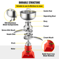 100L/H Electric Cream Separator - 30W Motor, Stainless Steel & Cast Iron