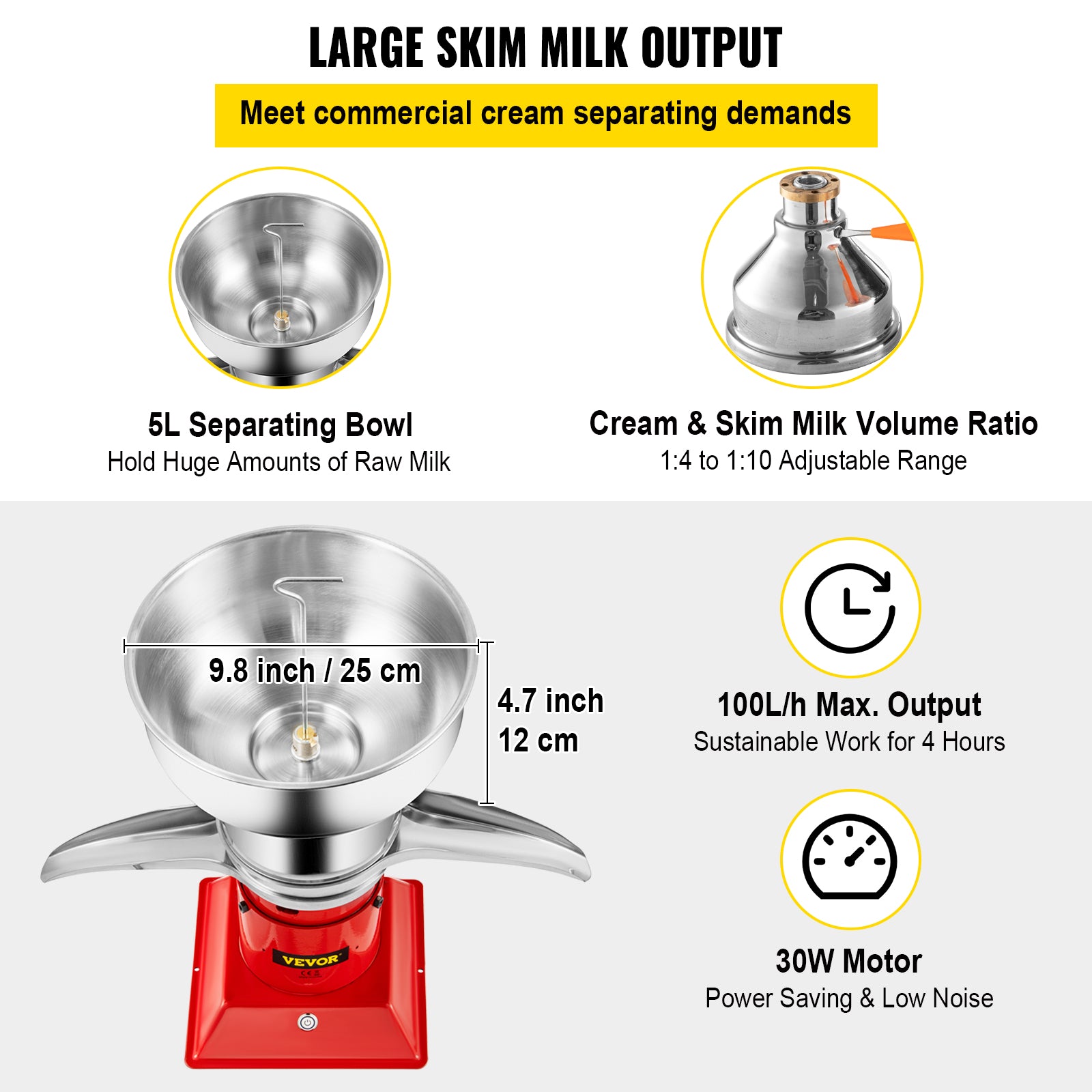 100L/H Electric Cream Separator - 30W Motor, Stainless Steel & Cast Iron