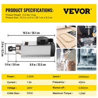 VEVOR CNC Spindelmotor, 2,2KW vermogen, 24000 RPM snelheid, ER20 spantang.