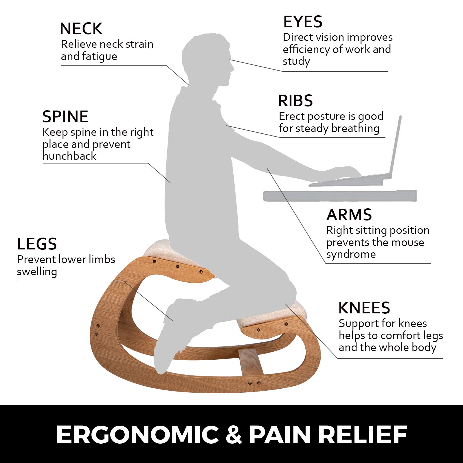 Ergonomische kniestoel, natuurlijk berkenhout, draagvermogen van 220lbs