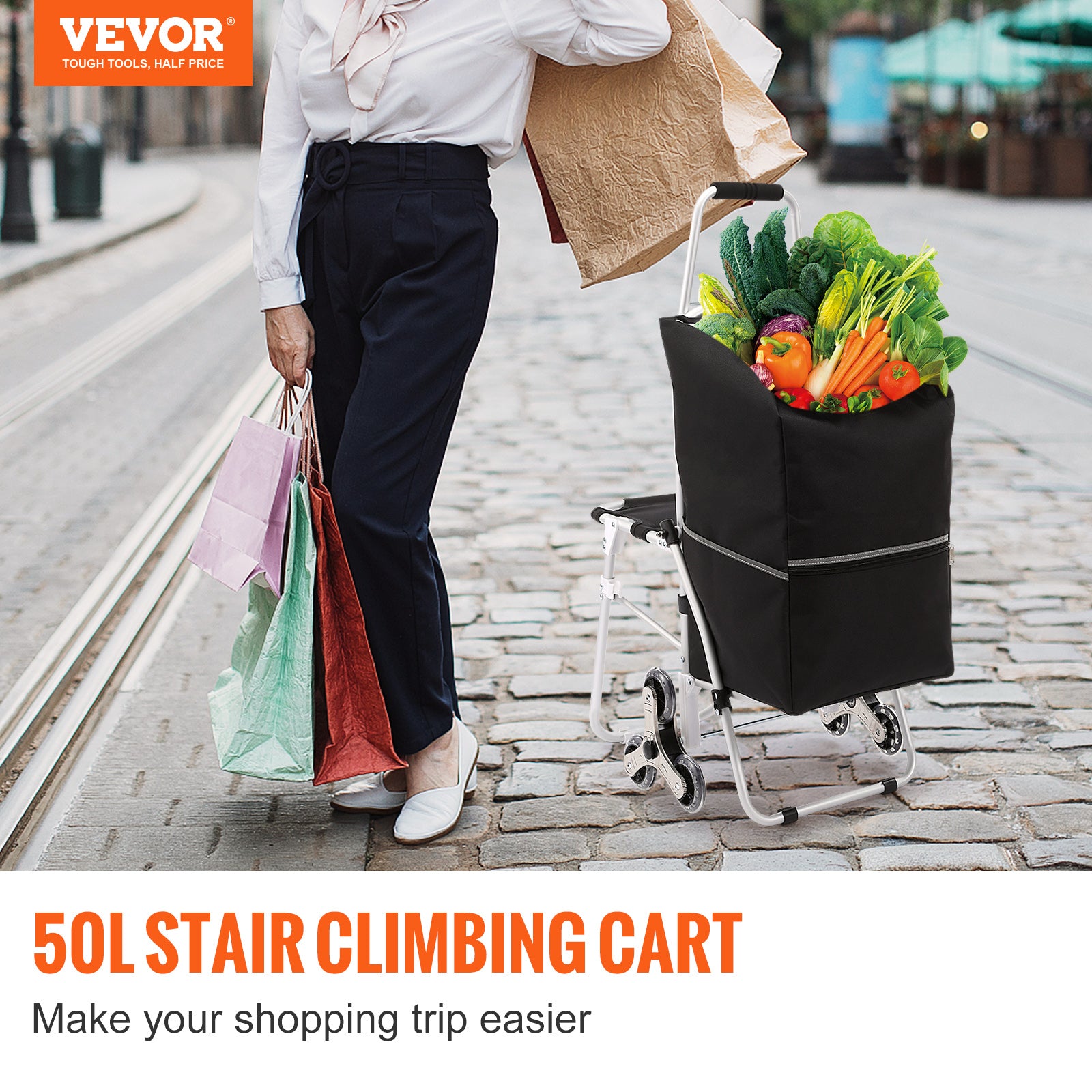 Stair Climbing Shopping Cart 50L - 75 kg Capacity, Padded Handle & Rub